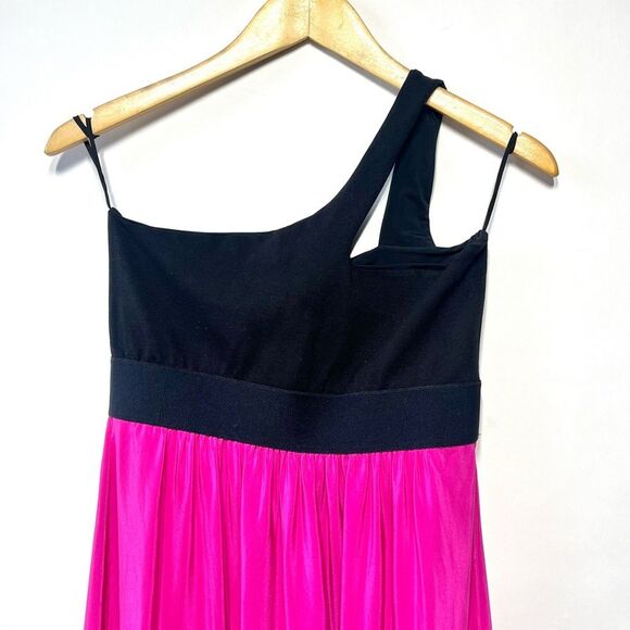 Michelle Mason One Shoulder Colorblock Silk Dress in Hot Fuchsia Pink and Black - Picture 5 of 13